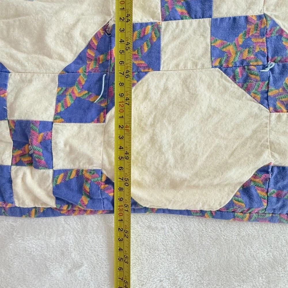 VTG Handmade Patchwork Quilt Throw Twin Purple Cream Tied Cottagecore 1990